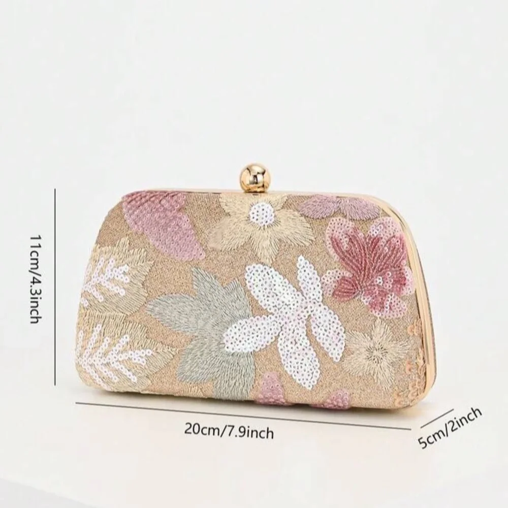 Embroidered Floral Sequin Clutch - Pink & Gold